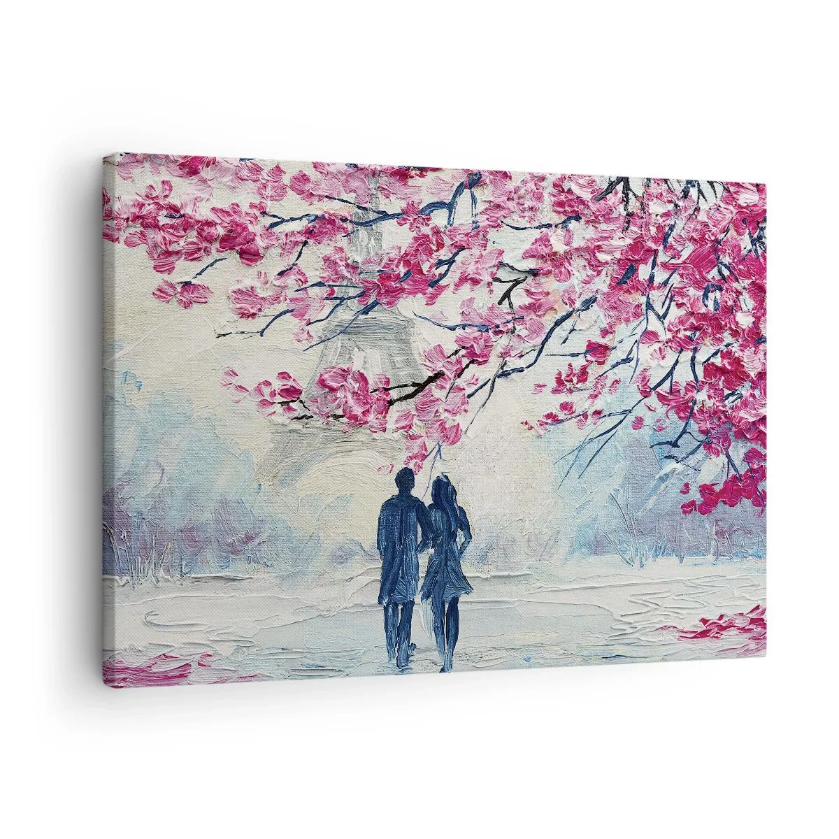 Canvas picture - A couple under blooming pink trees in a romantic setting - 70x50cm - Romantic Walk - Modern wall decoration for the living room and bedroom ARTTOR