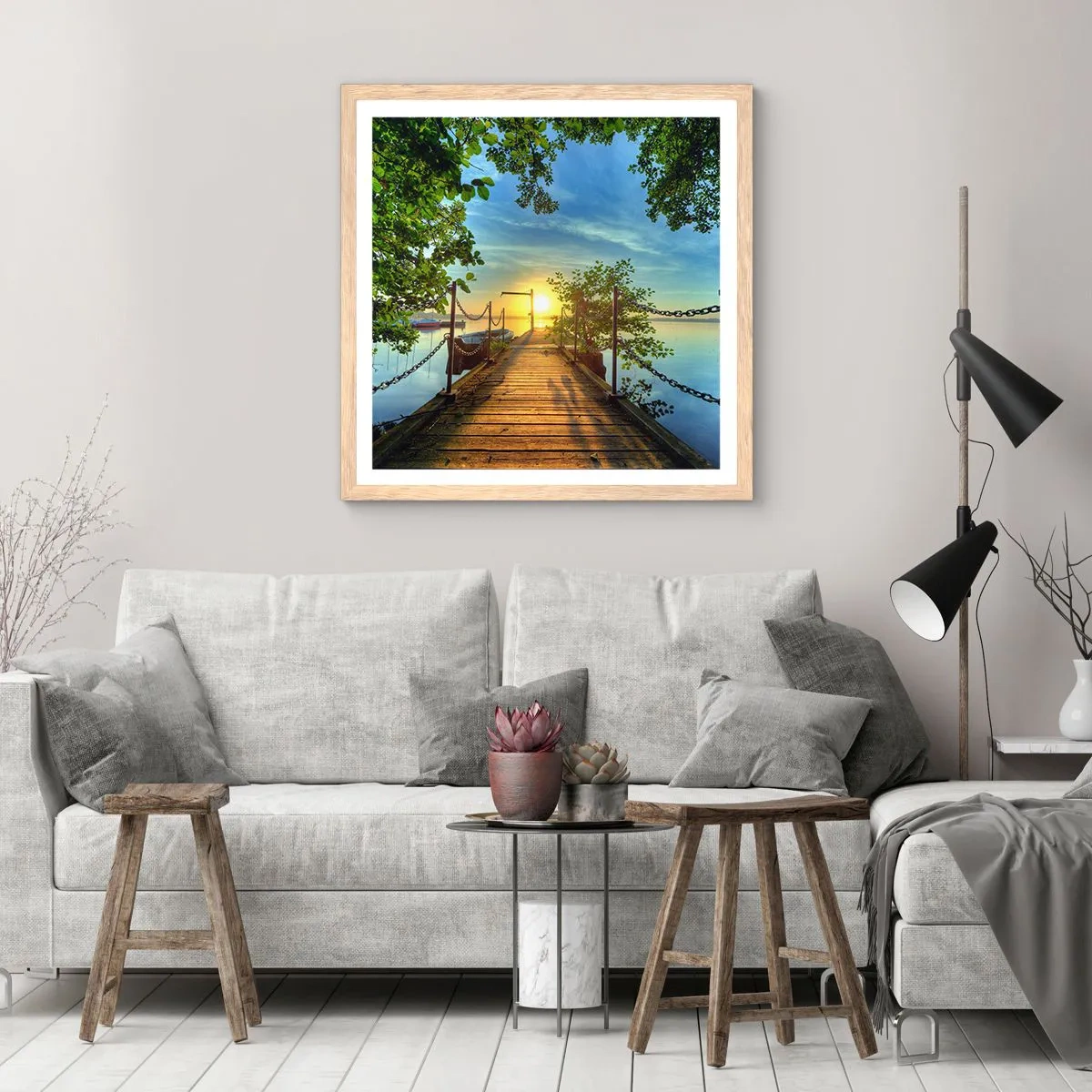 Poster in light oak frame - Sunset by the Water - 60x60 cm