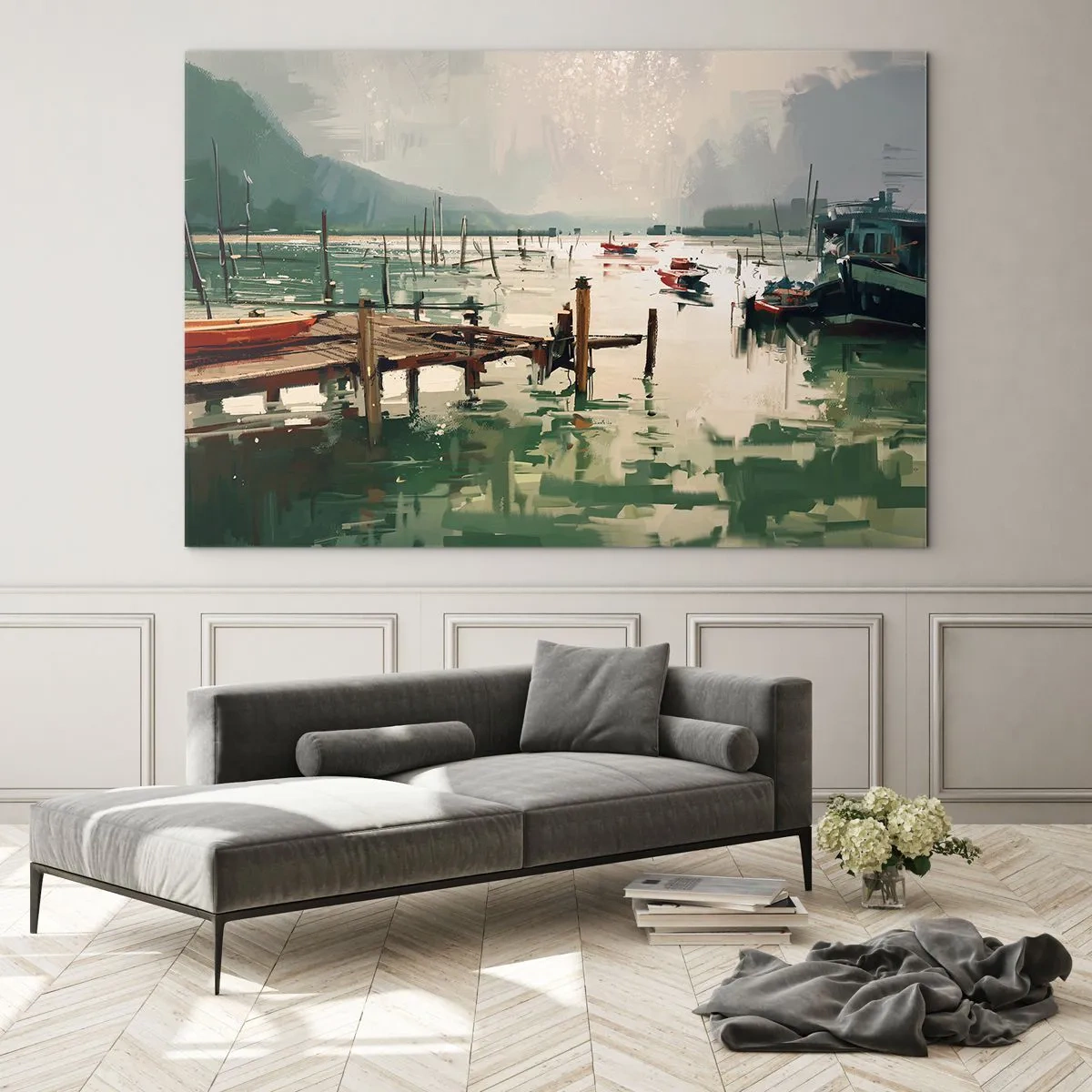 Glass picture - A wooden jetty and boats on calm water surrounded by mountains - 70x50cm - Coated in Melted Moon - Modern wall decoration for the living room and bedroom ARTTOR