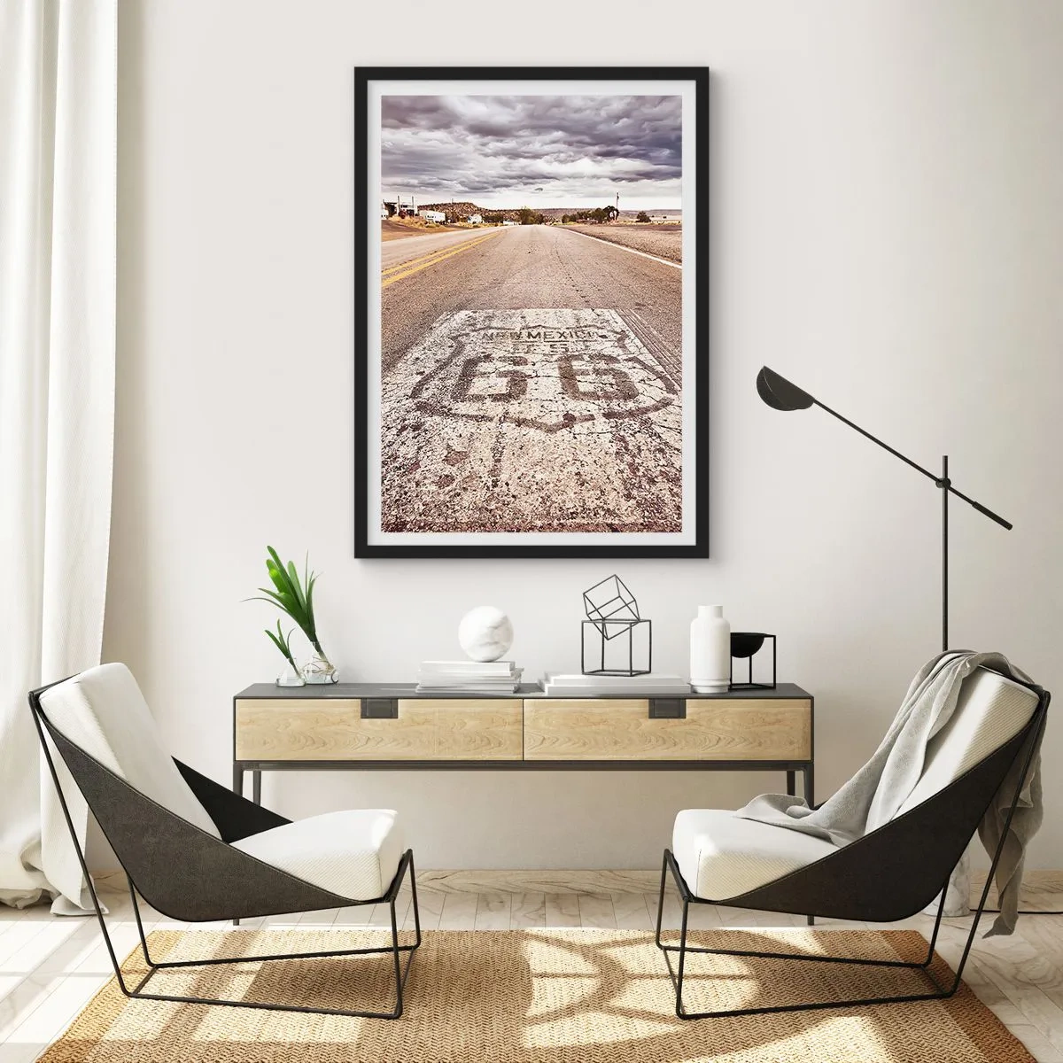Poster in black frame - A road with the Route 66 symbol leading through a desert landscape - 50x70cm - Mother Road - American Legend - Modern wall decoration for the living room and bedroom ARTTOR