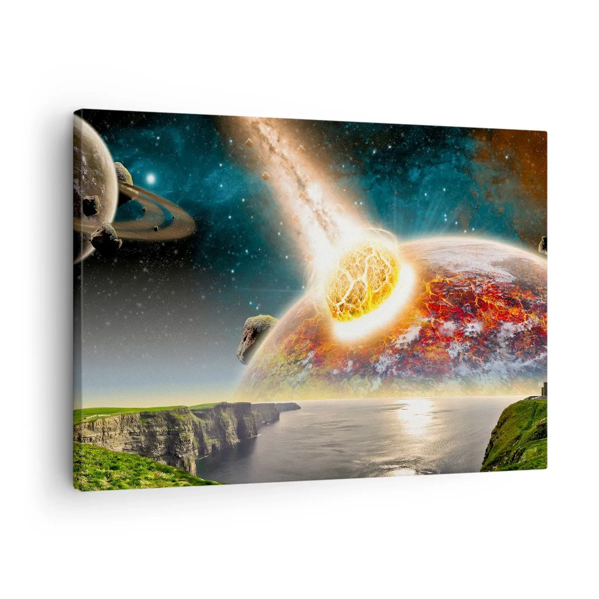 Canvas picture - A meteorite collides with a planet in a cosmic landscape. - 70x50cm - Space Drama - Modern wall decoration for the living room and bedroom ARTTOR