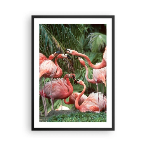 Poster in black frame - Pink flamingos in an exotic setting of palm trees - 50x70cm - Afternoon Gossip - Modern wall decoration for the living room and bedroom ARTTOR