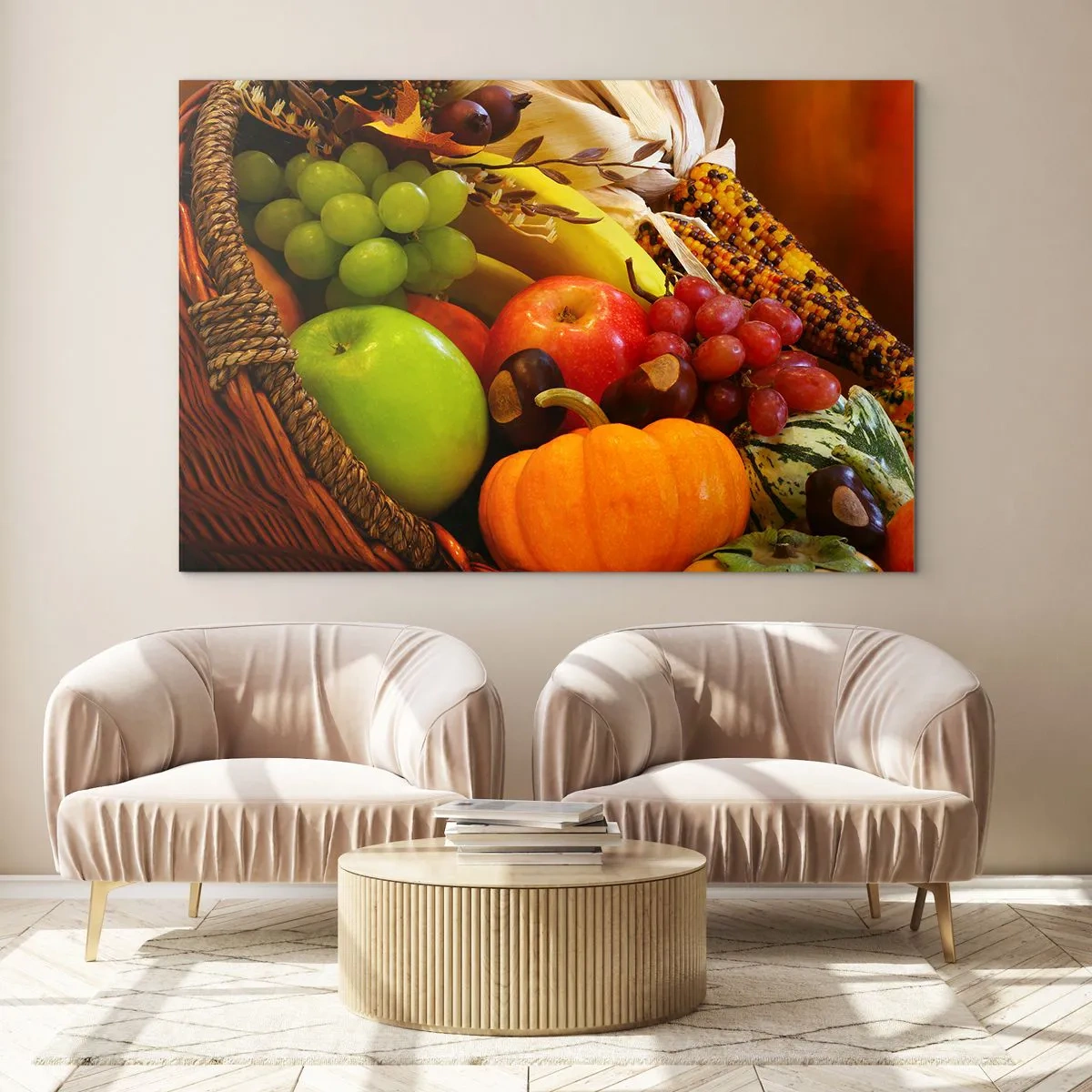 Glass picture - A basket full of fruit and vegetables in an autumn arrangement - 70x50cm - Basket of Abundance - Modern wall decoration for the living room and bedroom ARTTOR