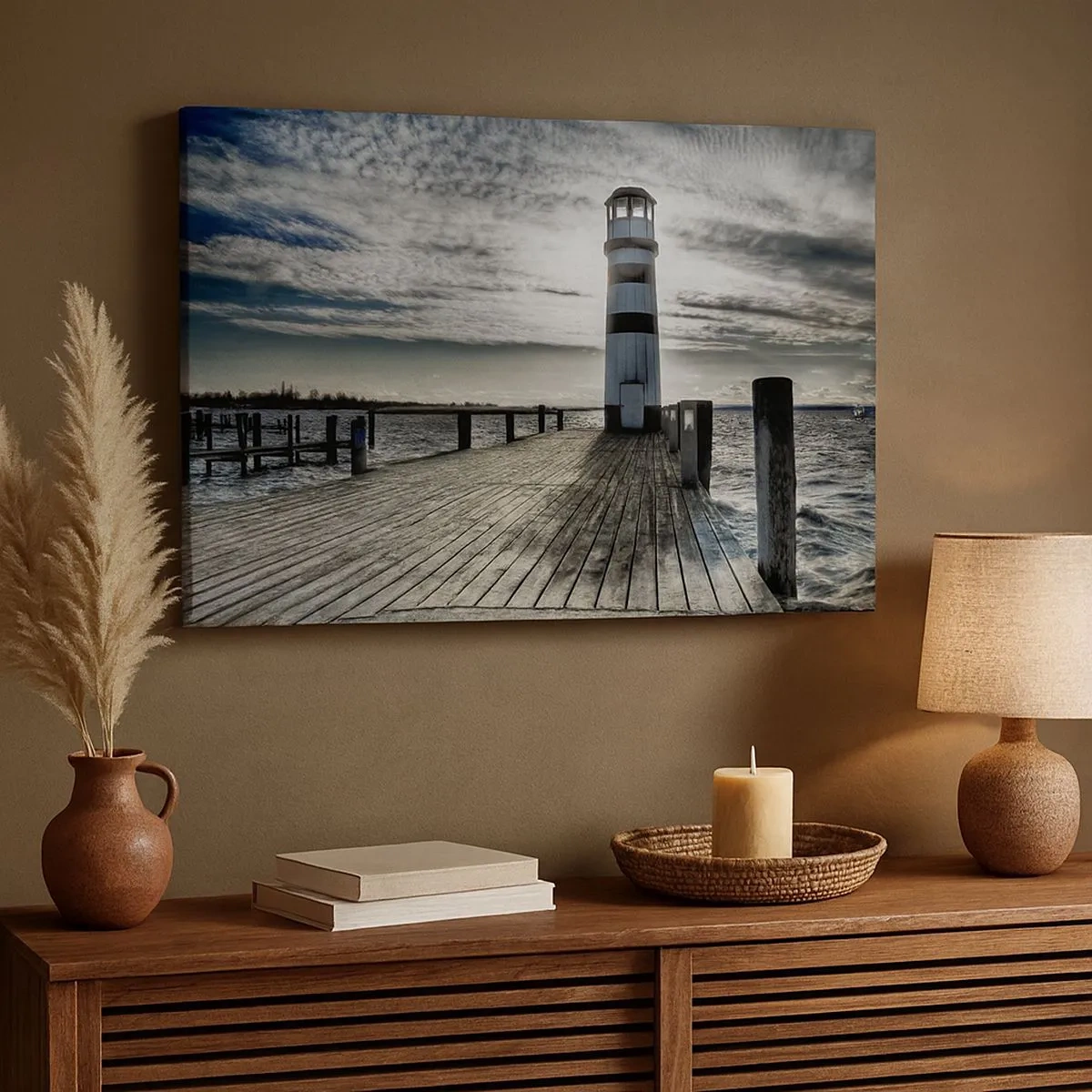 Canvas picture - Lighthouse on a wooden pier overlooking the sea. - 70x50cm - Sailors, I am Waiting for You - Modern wall decoration for the living room and bedroom ARTTOR