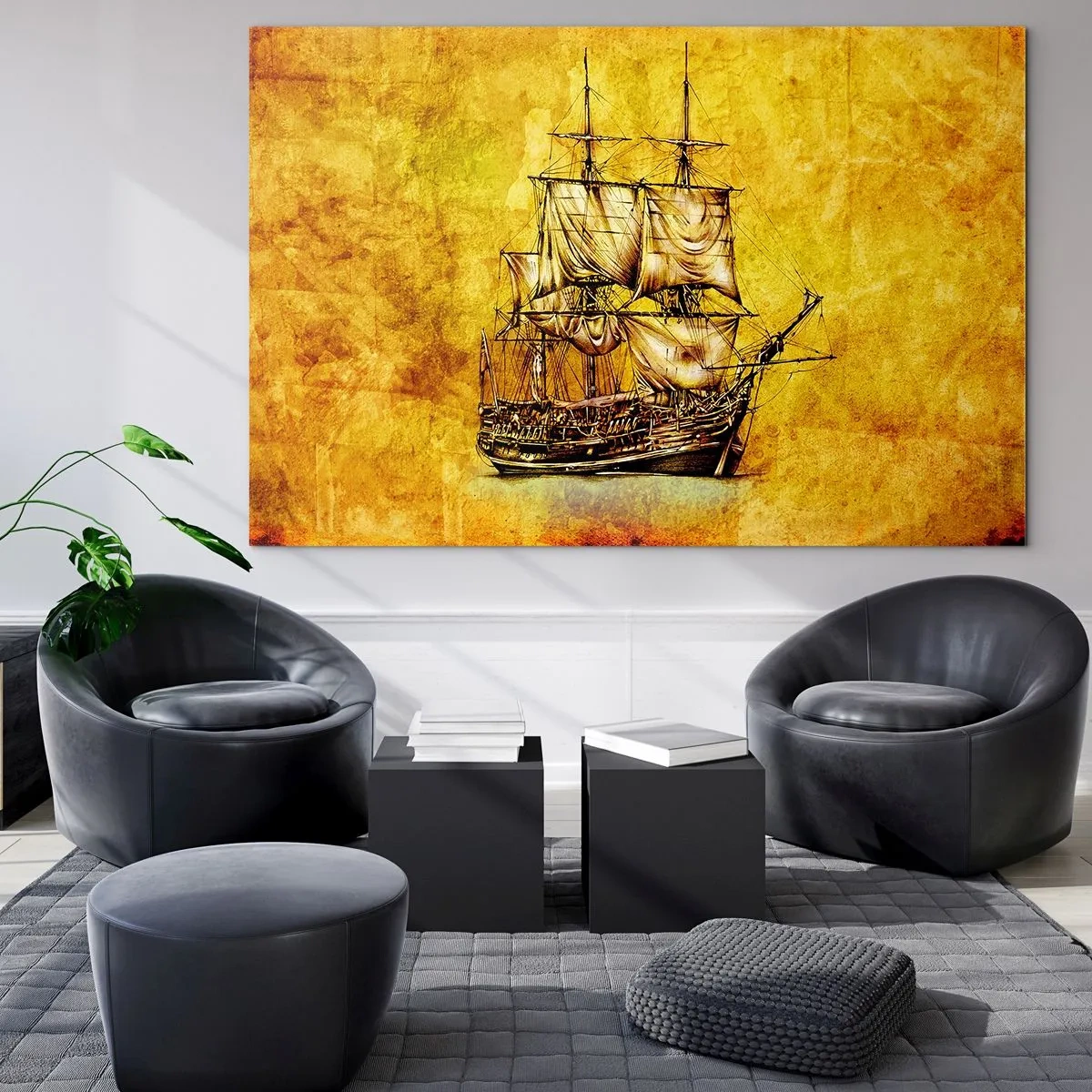 Glass picture - A historic sailing ship against the background of stylized parchment - 70x50cm - Direction Tortuga! - Modern wall decoration for the living room and bedroom ARTTOR