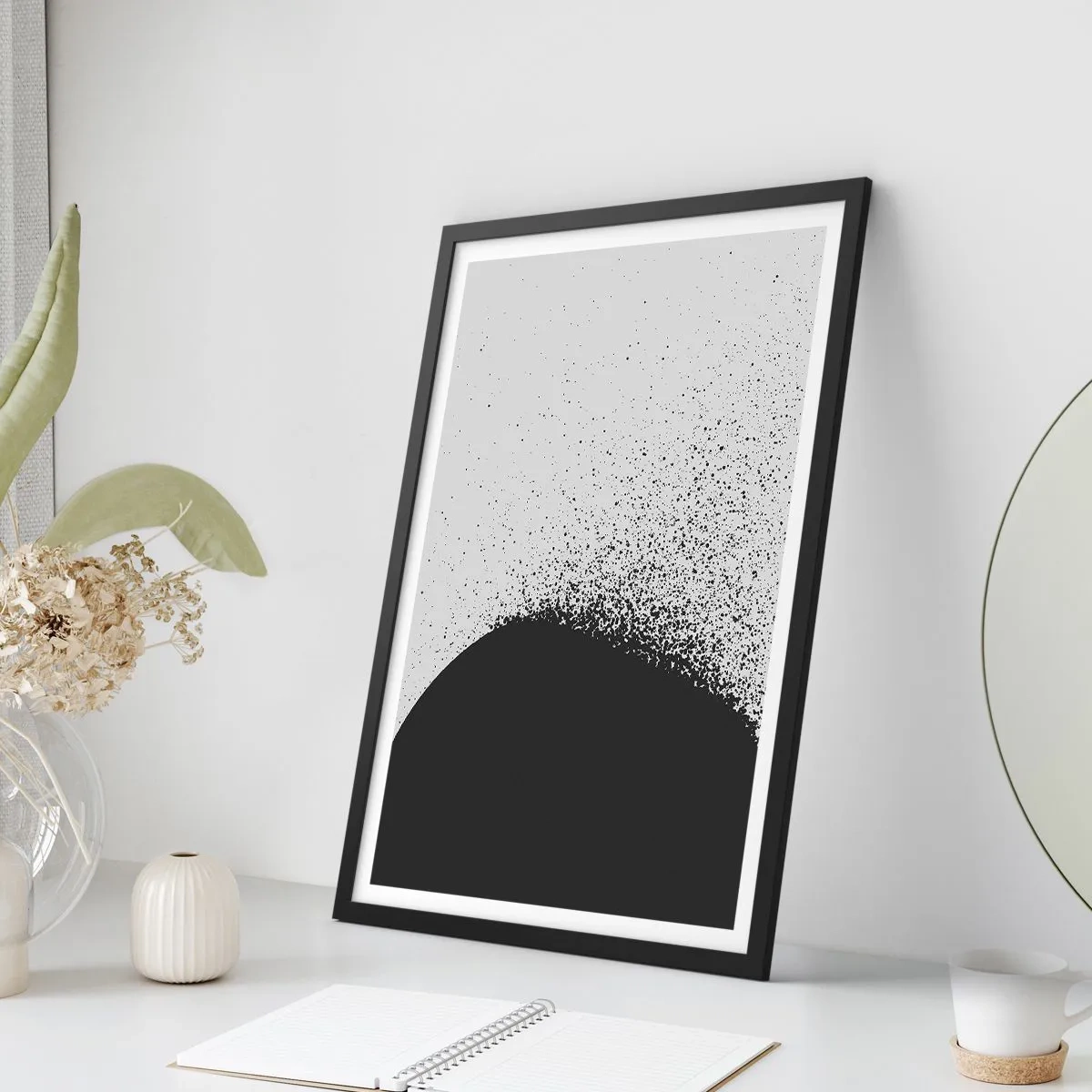 Poster in black frame - Minimalist abstraction with a black spot on a light background - 50x70cm - Movement of Particles - Modern wall decoration for the living room and bedroom ARTTOR