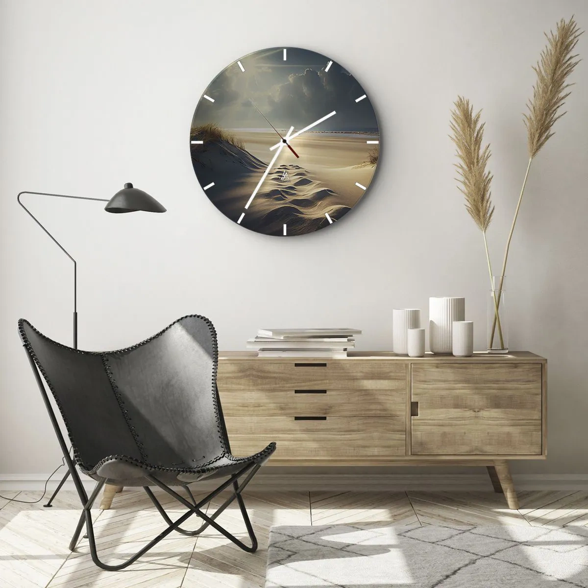 Wall clock - Clock on glass - Sand dunes illuminated by the sun's rays with a view of the horizon - 30x30cm - Calming Landscape - Modern wall decoration for the living room, kitchen, and bedroom ARTTOR