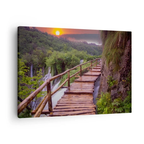 Canvas picture - A bridge overlooking the waterfalls at sunset - 70x50cm - Unbelievable Beauty - Modern wall decoration for the living room and bedroom ARTTOR