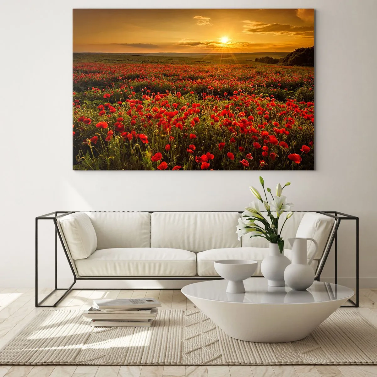 Glass picture - A field of poppies illuminated by the rays of the setting sun - 70x50cm - In the Meadow, among Flood of Flowers - Modern wall decoration for the living room and bedroom ARTTOR