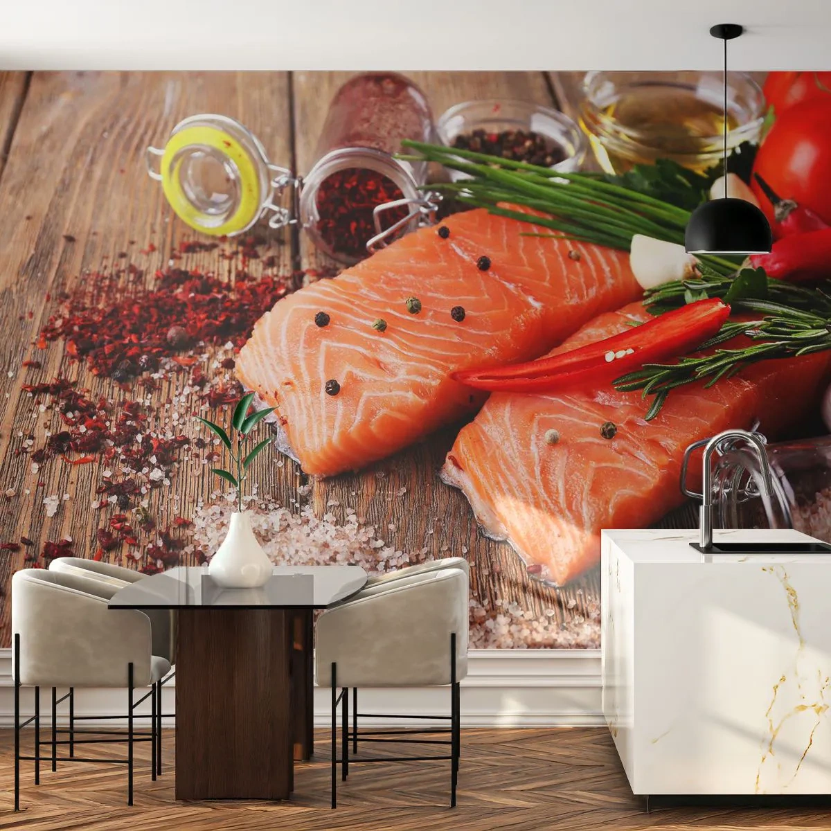Self-Adhesive Photo Wallpaper Deluxe Sticker - Norwegian Adventure in the Kitchen - Gastronomy, Salmon, Spices - 300x210 cm