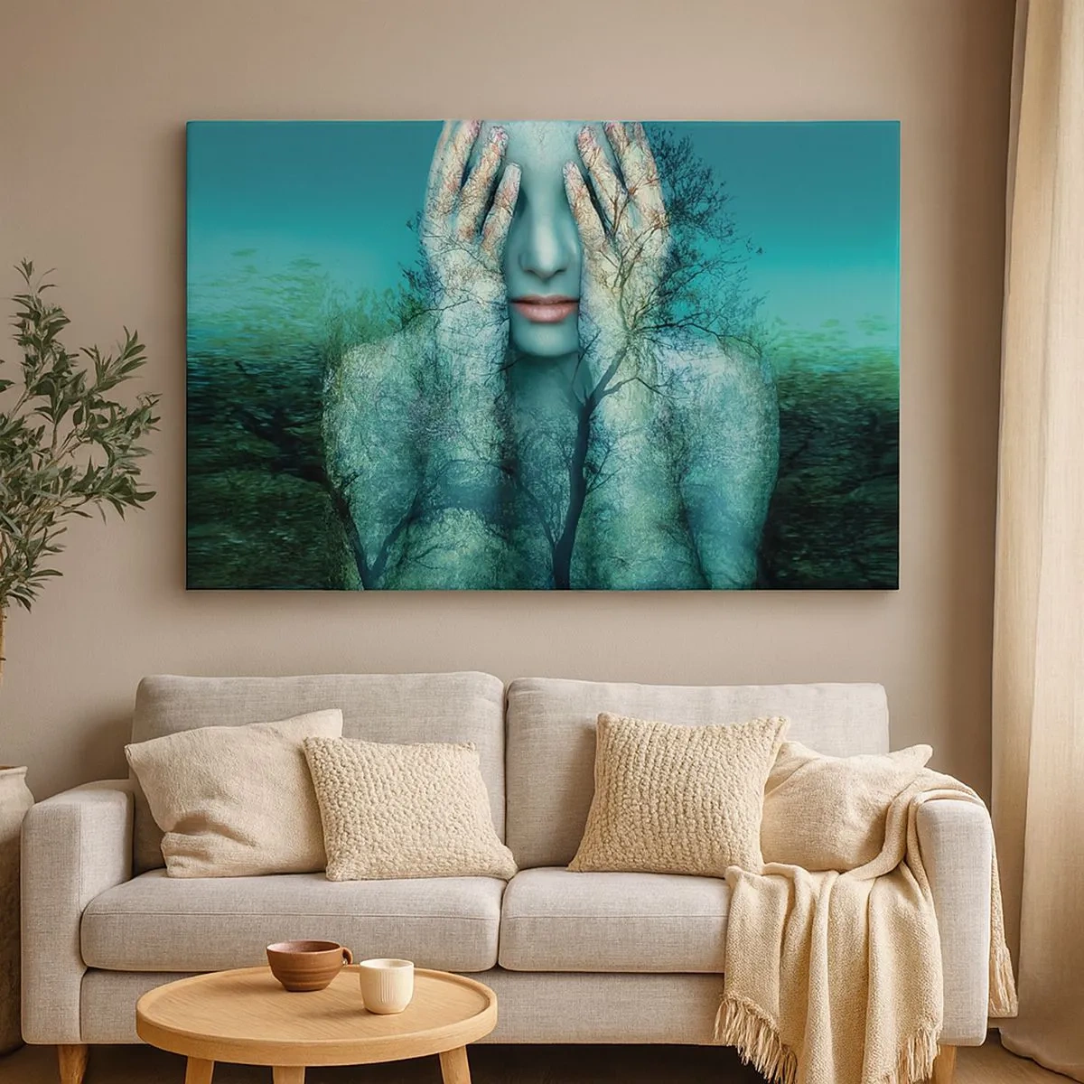 Canvas picture - woman's figure with a tree motif against a turquoise landscape background - 70x50cm - Submerged in Blue - Modern wall decoration for the living room and bedroom ARTTOR