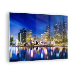 Glass picture - Panorama of the city at night with the lights reflected in the water - 70x50cm - Rainbow Night of a Metropolis - Modern wall decoration for the living room and bedroom ARTTOR