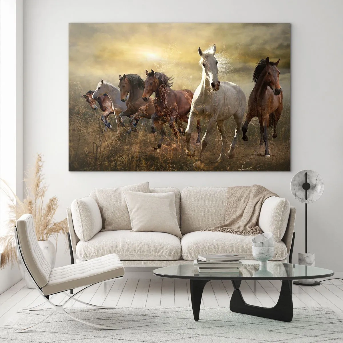 Glass picture - A herd of horses galloping in the rays of the setting sun - 70x50cm - Long Live Freedom! - Modern wall decoration for the living room and bedroom ARTTOR