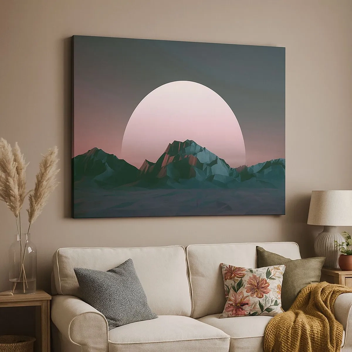 Canvas picture - Geometric mountains with the setting sun in the background - 70x50cm - In a Neighbouring Galaxy - Modern wall decoration for the living room and bedroom ARTTOR