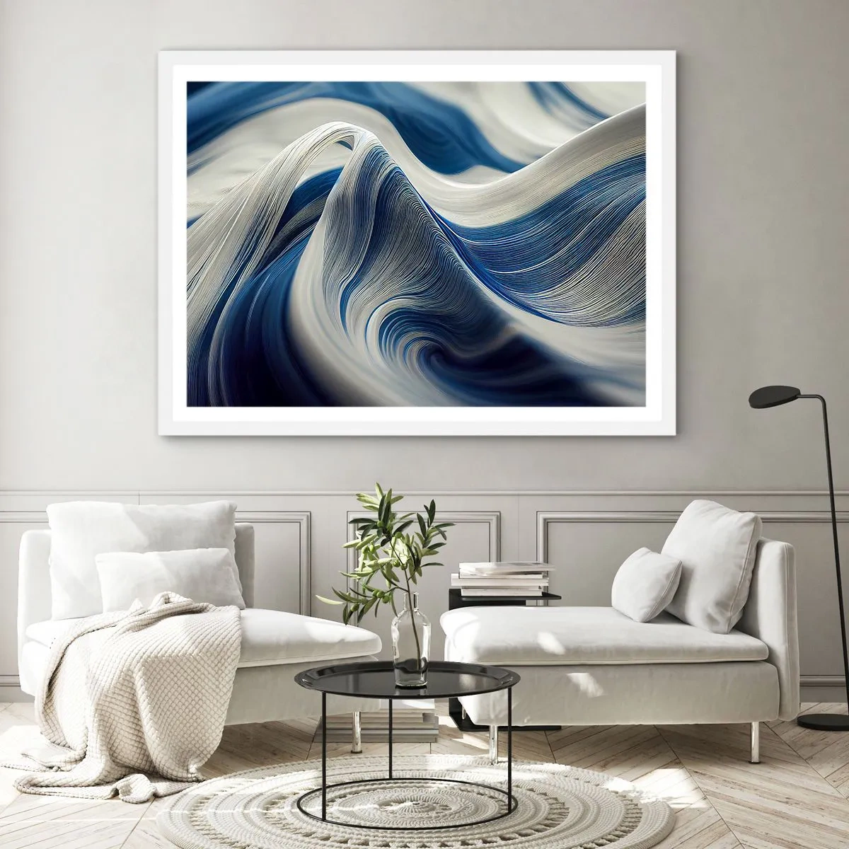 Poster in white frmae - Fluidity of Blue and White - 70x50 cm