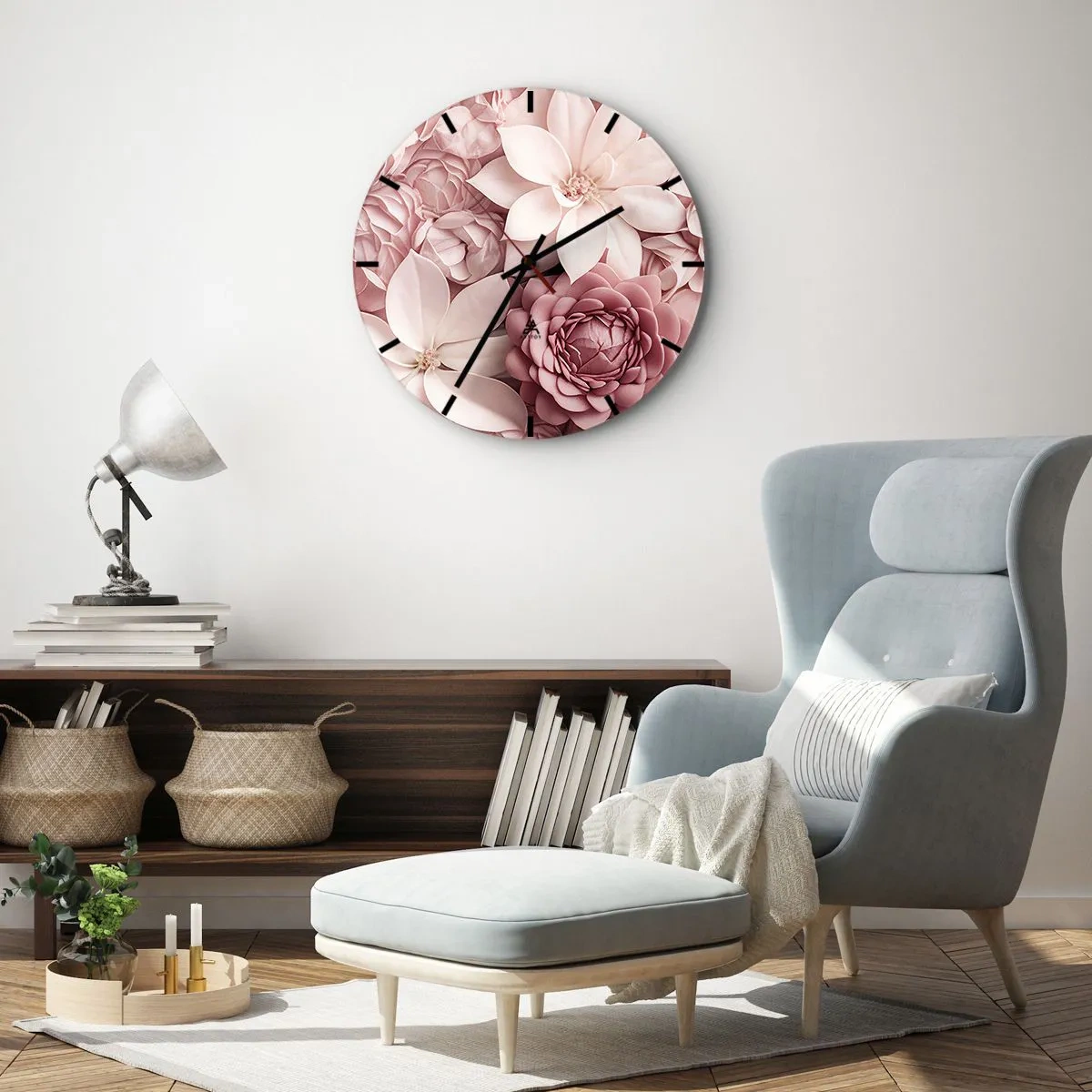 Wall clock - Clock on glass - In Pink Petals - 30x30 cm