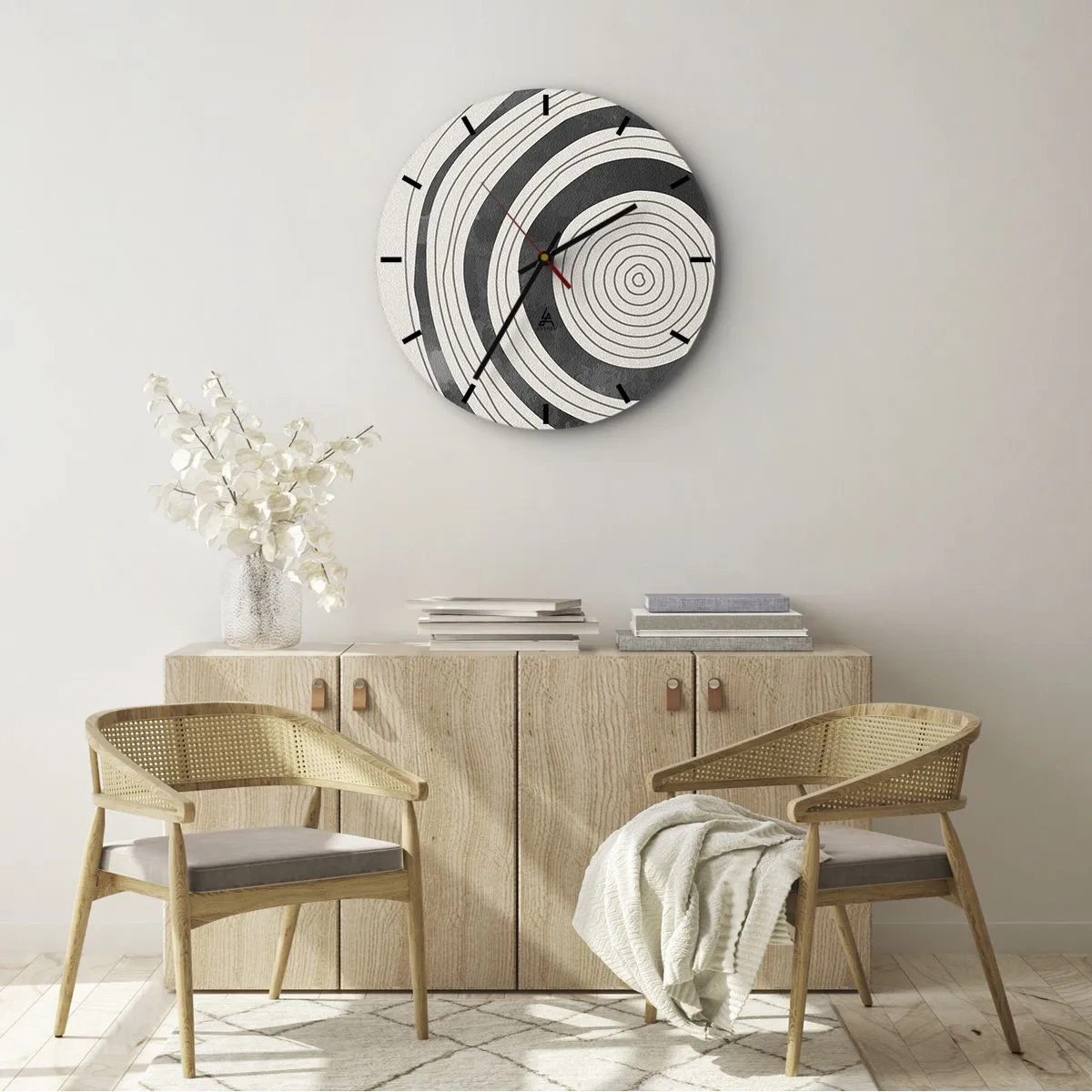 Wall clock - Clock on glass - Concentric rings in shades of gray on a light background - 30x30cm - Important What's in Between - Modern wall decoration for the living room, kitchen, and bedroom ARTTOR