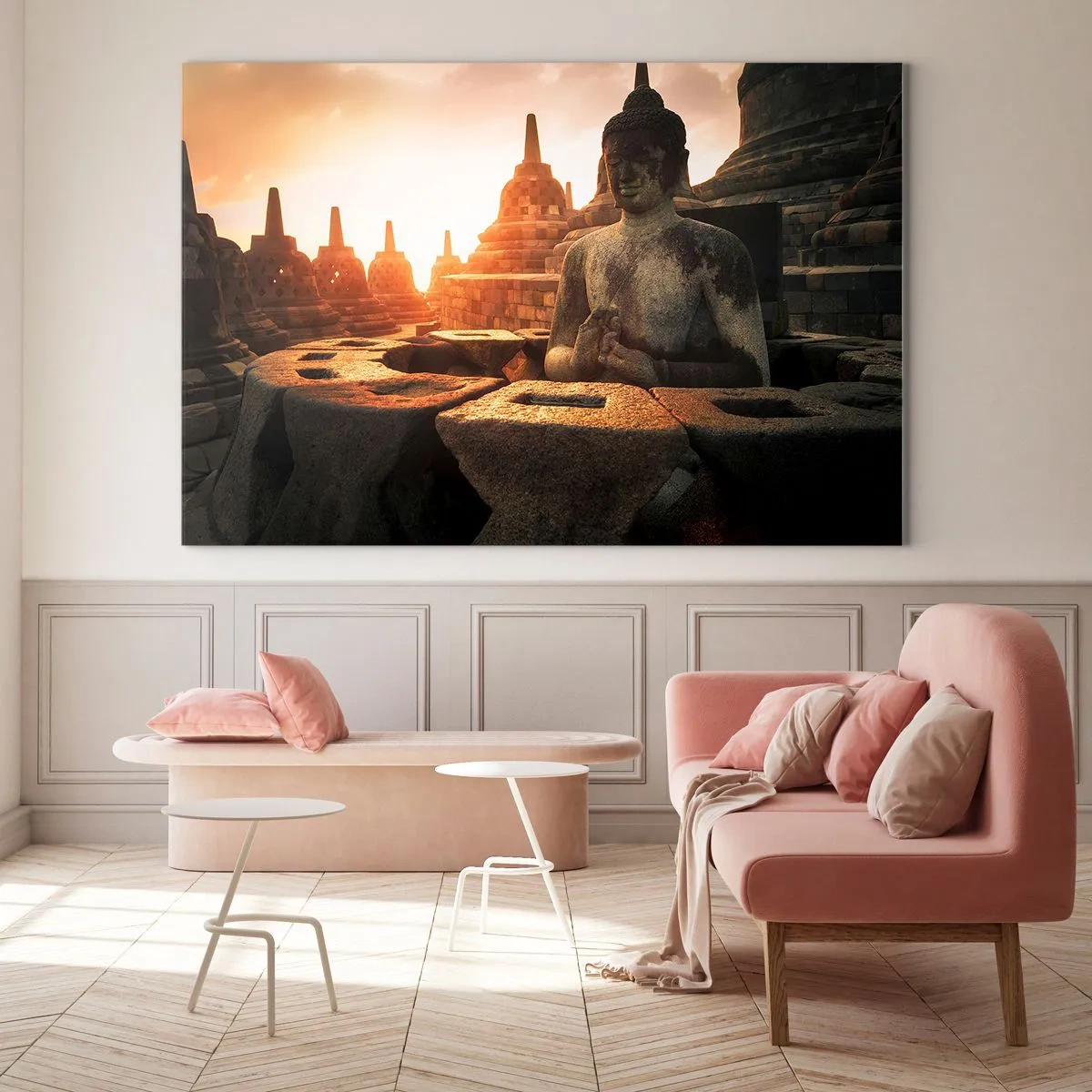 Glass picture - A Buddha statue illuminated by the setting sun in an ancient temple complex - 70x50cm - Weather of Great Wisdom - Modern wall decoration for the living room and bedroom ARTTOR