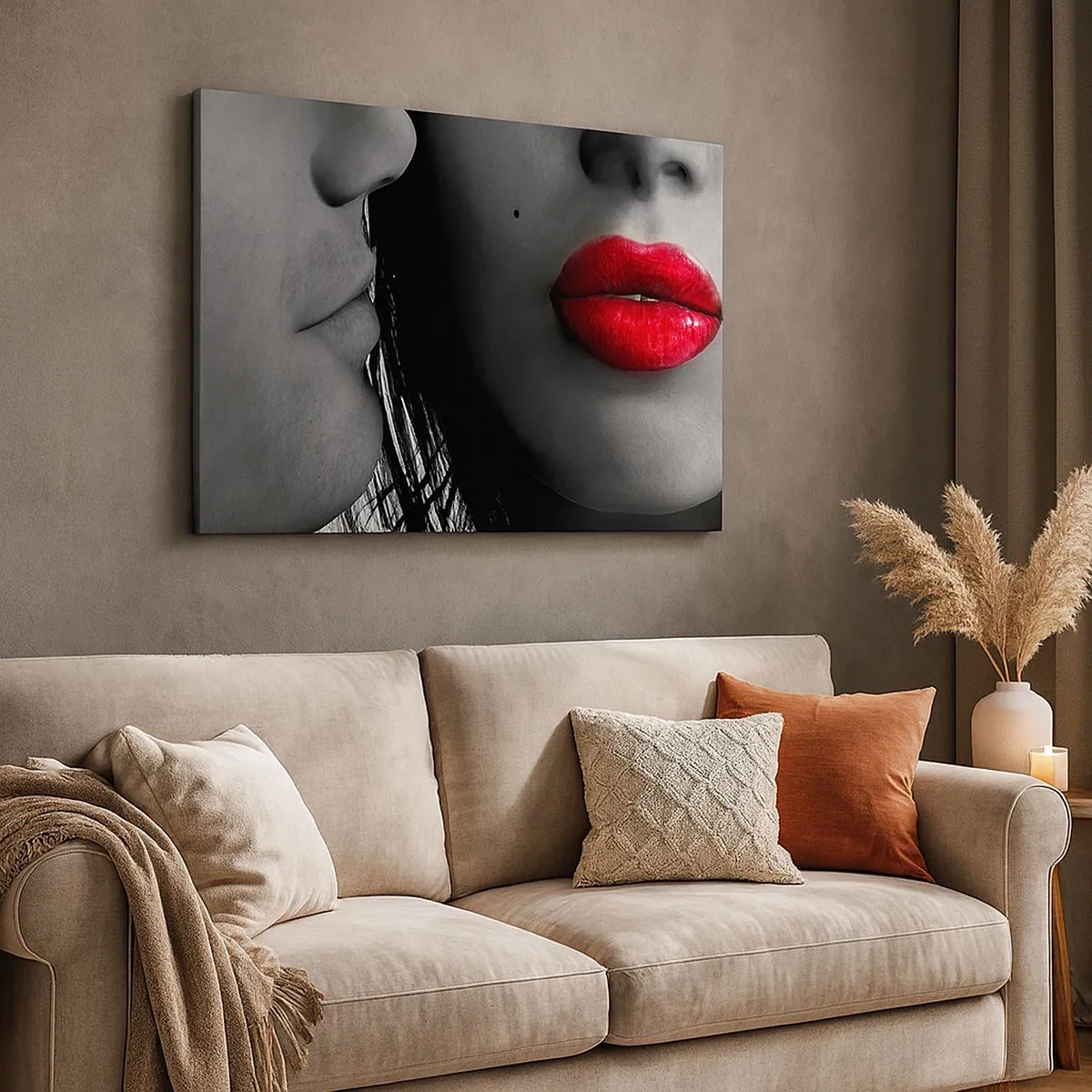 Canvas picture - Close-up of the faces of a woman and a man with red lips. - 70x50cm - Face by Face - Modern wall decoration for the living room and bedroom ARTTOR