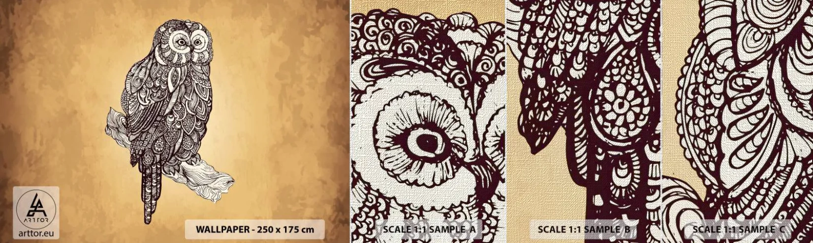 Photo Wallpaper Sample Premium Canvas - Mysterious Ornaments of Wisdom - Owl, Bird, Animal - 100x30 cm