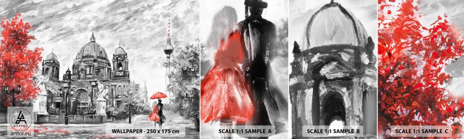 Photo Wallpaper Sample Self-Adhesive Deluxe Sticker - Berlin Encounter - City, Painting, Architecture - 100x30 cm
