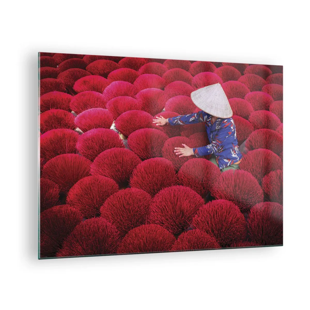 Glass picture - A worker among red incense sticks against a pattern background - 70x50cm - In the Rice Field  - Modern wall decoration for the living room and bedroom ARTTOR