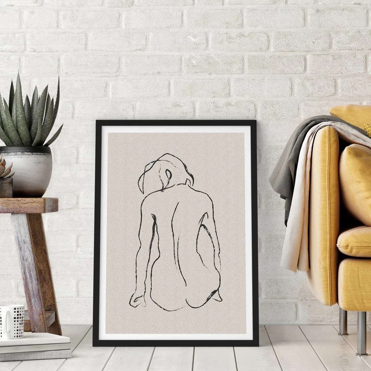 Poster in black frame - A minimalist sketch of a naked woman sitting backwards. - 50x70cm - Woman Nude - Modern wall decoration for the living room and bedroom ARTTOR