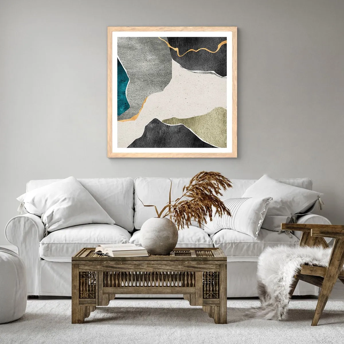 Poster in light oak frame - Mosaic Composition with a Gold Thread - 50x50 cm