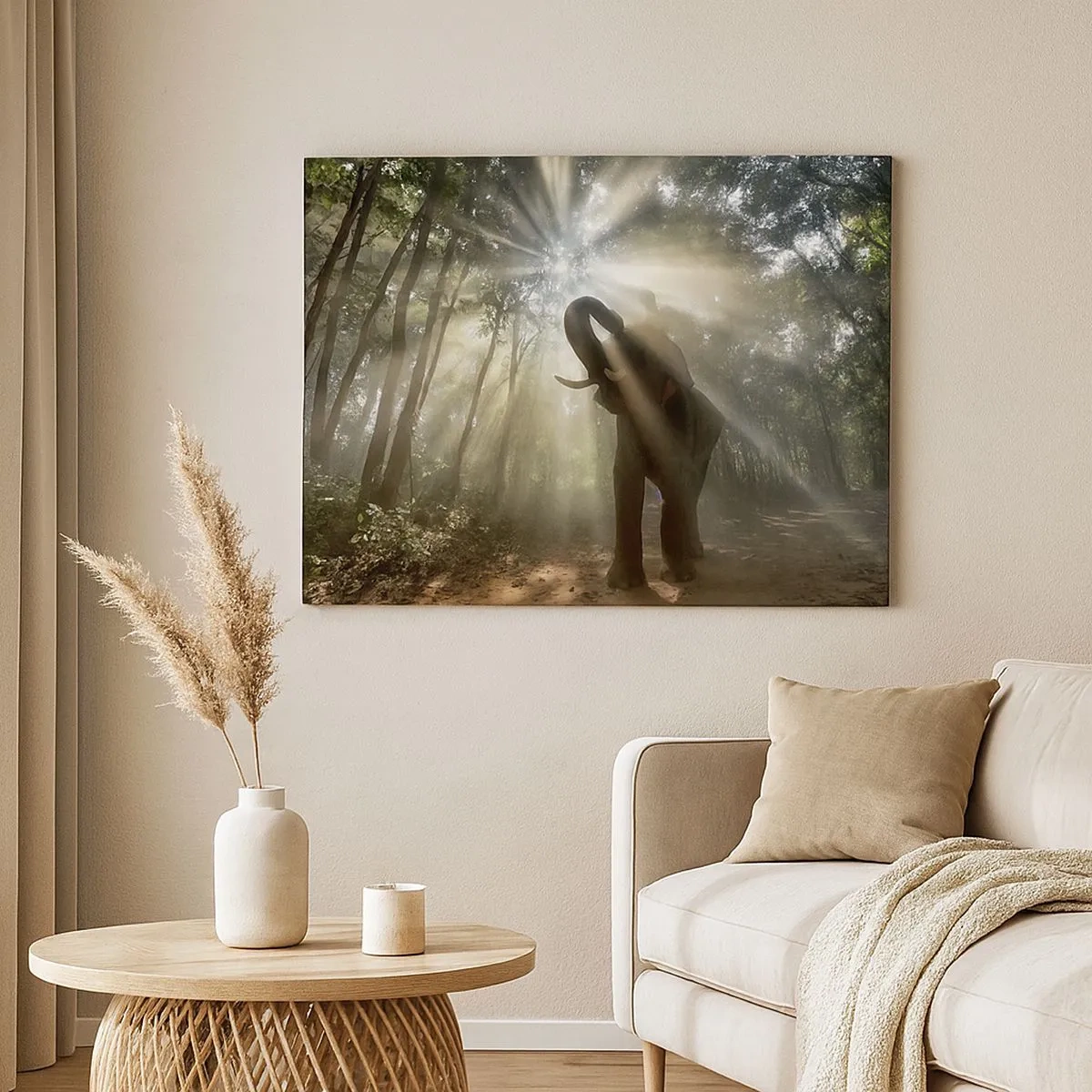 Canvas picture - An elephant in the forest surrounded by rays of light in the morning mist - 70x50cm - Under a Lucky Star - Modern wall decoration for the living room and bedroom ARTTOR
