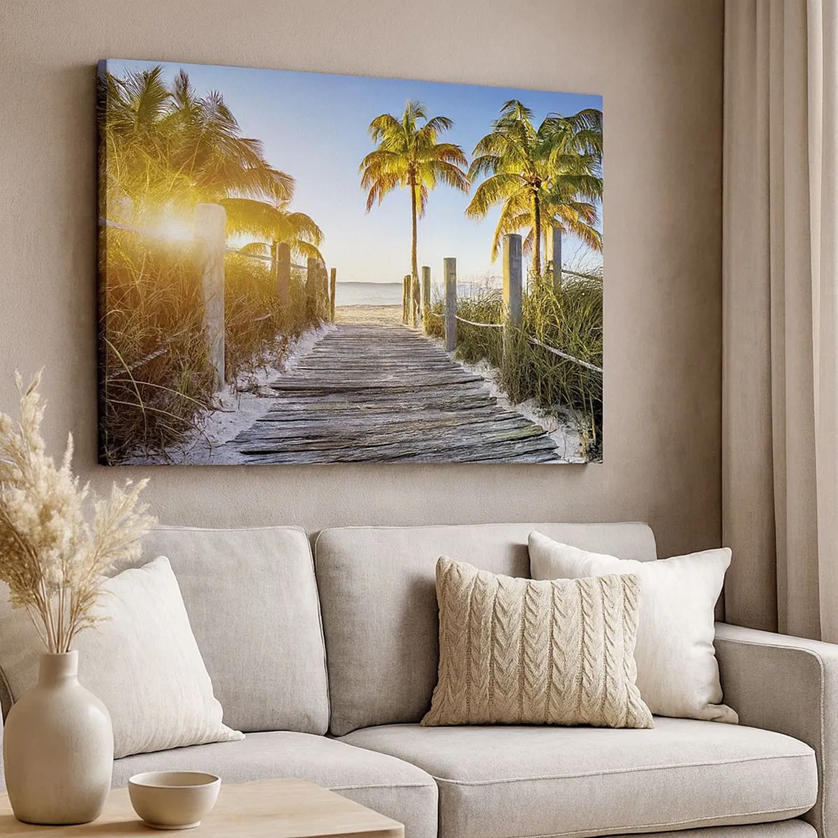 Canvas picture - Wooden path on the beach with palm trees in the background - 70x50cm - Straight to Paradise - Modern wall decoration for the living room and bedroom ARTTOR