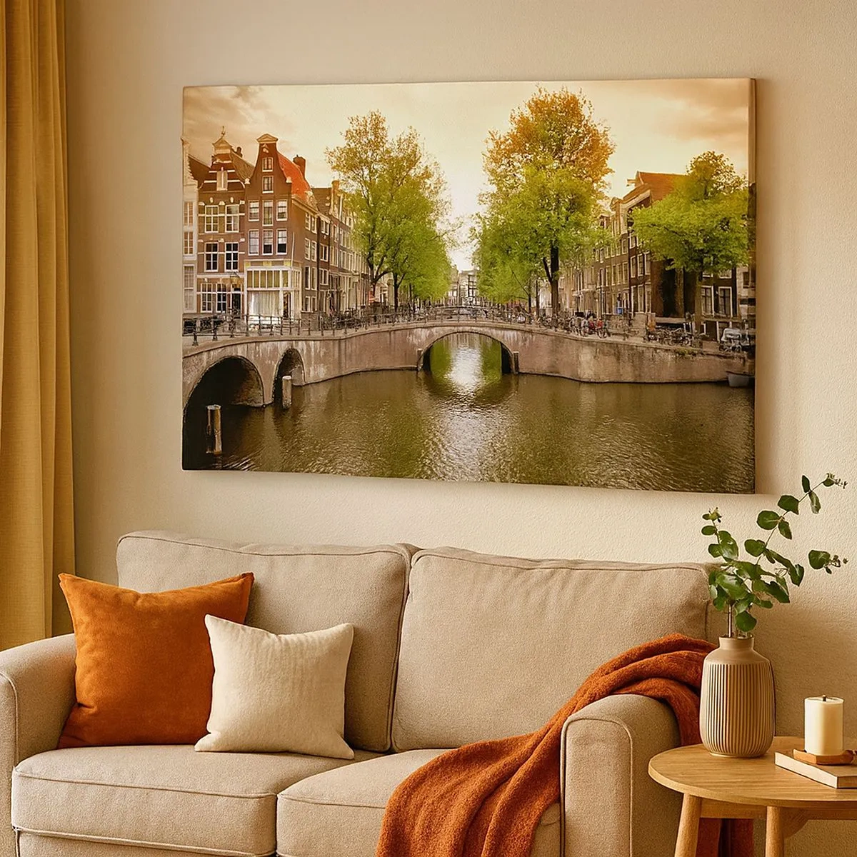 Canvas picture - A canal in Amsterdam surrounded by historic tenement houses - 70x50cm - By Boat or by Bike? - Modern wall decoration for the living room and bedroom ARTTOR