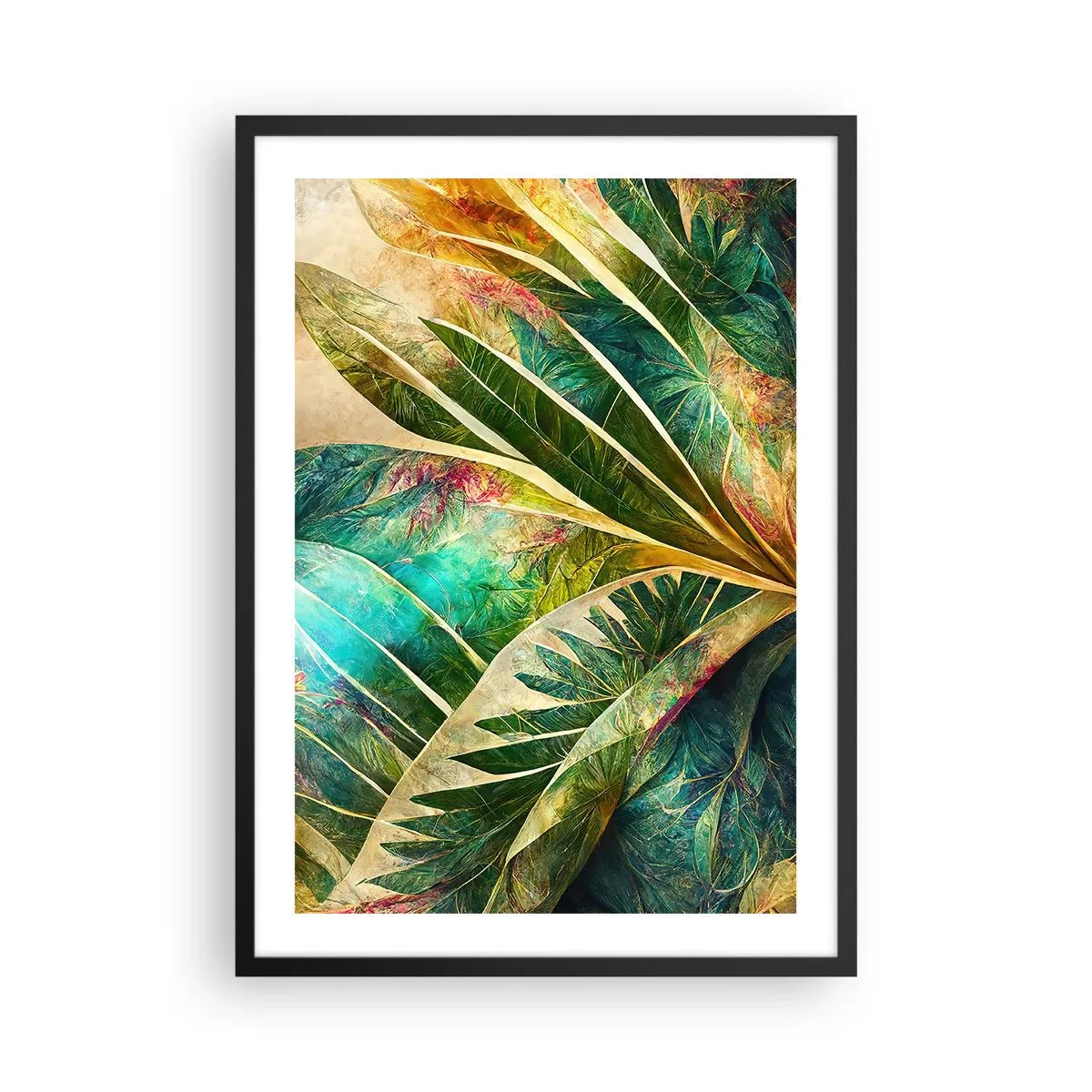 Poster in black frame - A leafy composition in green and gold tones - 50x70cm - Colours of the Tropics - Modern wall decoration for the living room and bedroom ARTTOR