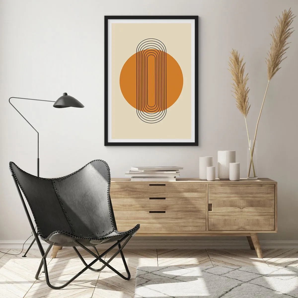 Poster in black frame - Geometric pattern with orange circles and lines - 50x70cm - Perfect Plan - Modern wall decoration for the living room and bedroom ARTTOR