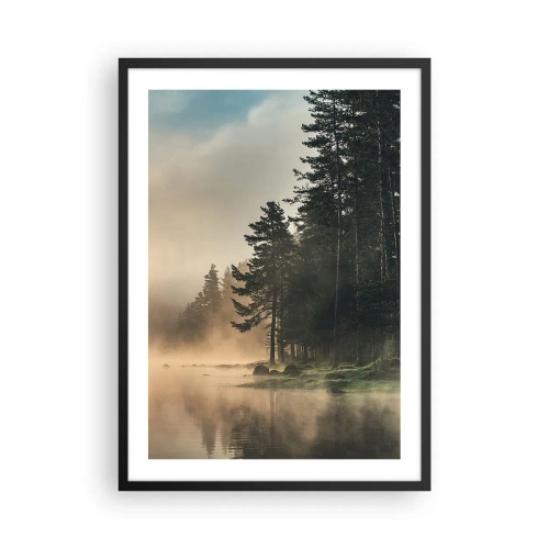 Poster in black frame - Misty forest landscape over a calm lake - 50x70cm - Birth of a Day - Modern wall decoration for the living room and bedroom ARTTOR