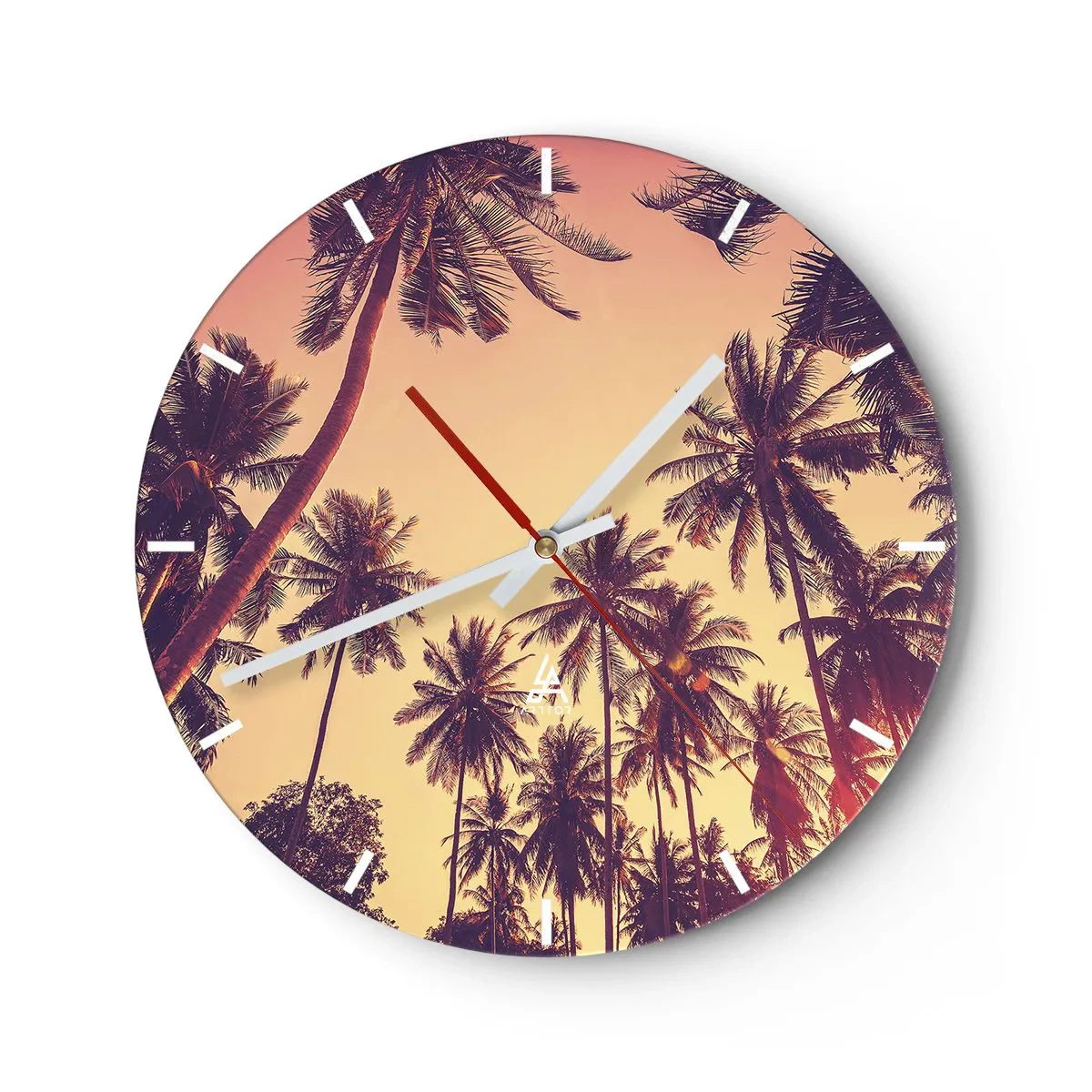 Wall clock - Clock on glass - Palm trees at sunset in warm shades of orange - 30x30cm - Tropical Variation - Modern wall decoration for the living room, kitchen, and bedroom ARTTOR