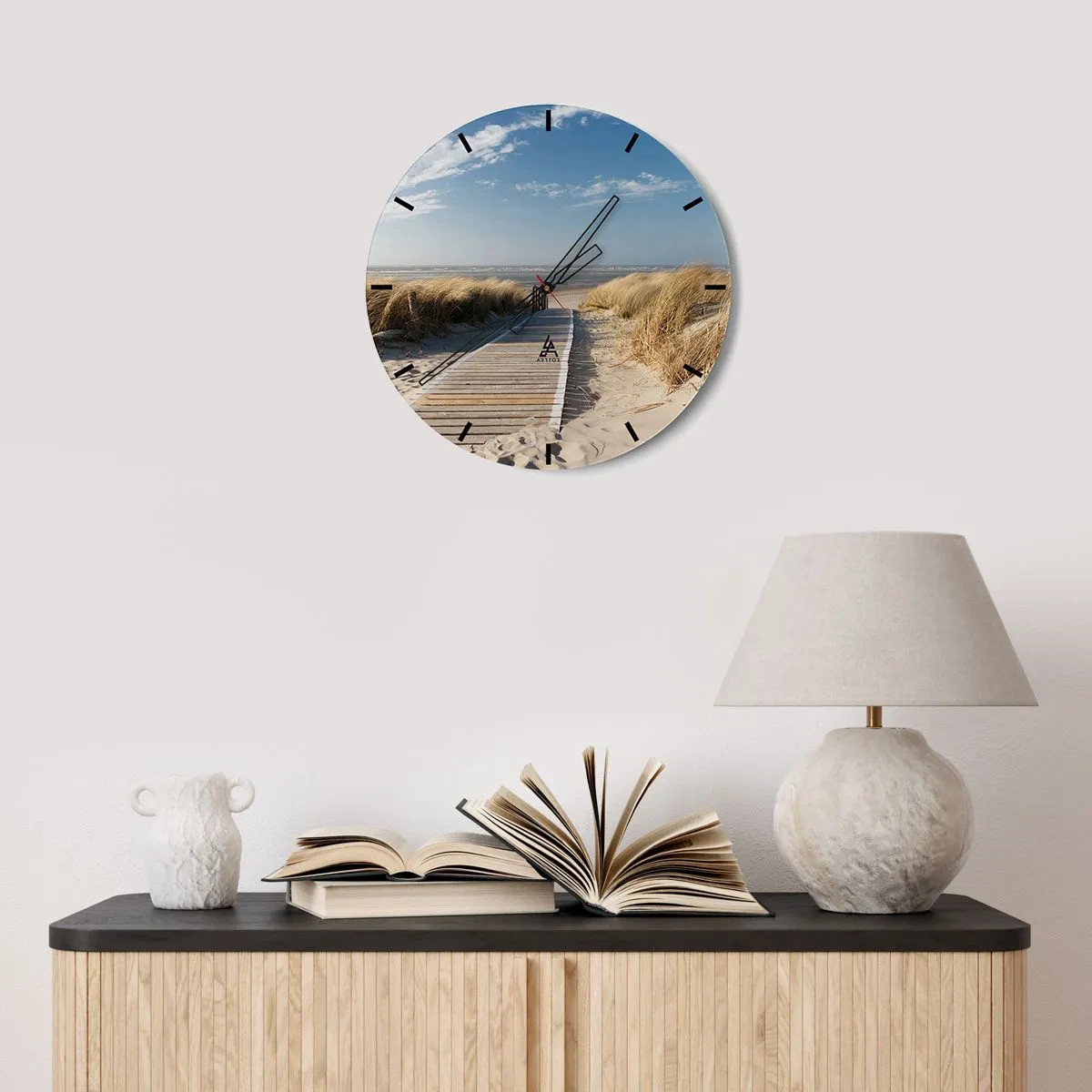 Wall clock - Clock on glass - Wooden path on the beach with a view of the sea - 30x30cm - Behind a Dune, in the Hum of Trees - Modern wall decoration for the living room, kitchen, and bedroom ARTTOR