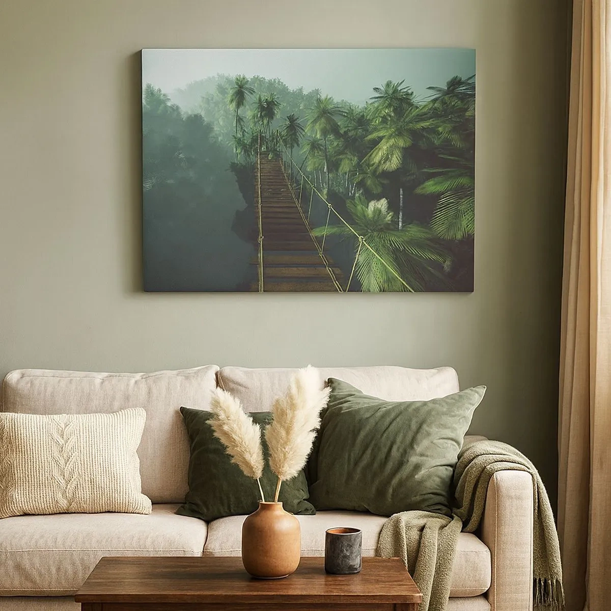 Canvas picture - A hanging bridge in a tropical forest surrounded by fog. - 70x50cm - Hanging Bridge in the Green - Modern wall decoration for the living room and bedroom ARTTOR