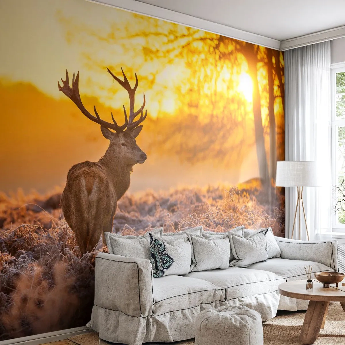 Photo Wallpaper Standard Eco - A deer in the rays of the rising sun in a clearing - 100x70cm - King of Autumnal Forest - Modern wall decoration for the living room and bedroom ARTTOR