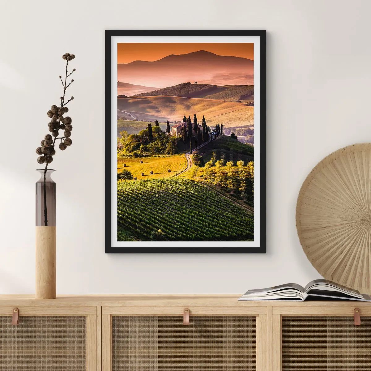 Poster in black frame - Tuscan landscape with vineyards at sunset - 50x70cm - Arcadia - Tuscan Landscape - Modern wall decoration for the living room and bedroom ARTTOR