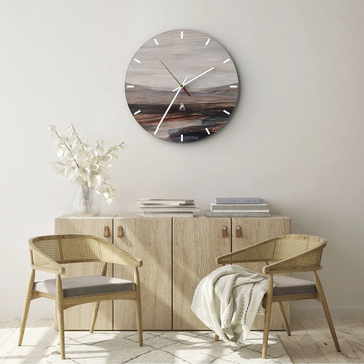 Wall clock - Clock on glass - A brown-gray valley with mountains in the background in a painterly style - 30x30cm - Quiet Valley - Modern wall decoration for the living room, kitchen, and bedroom ARTTOR