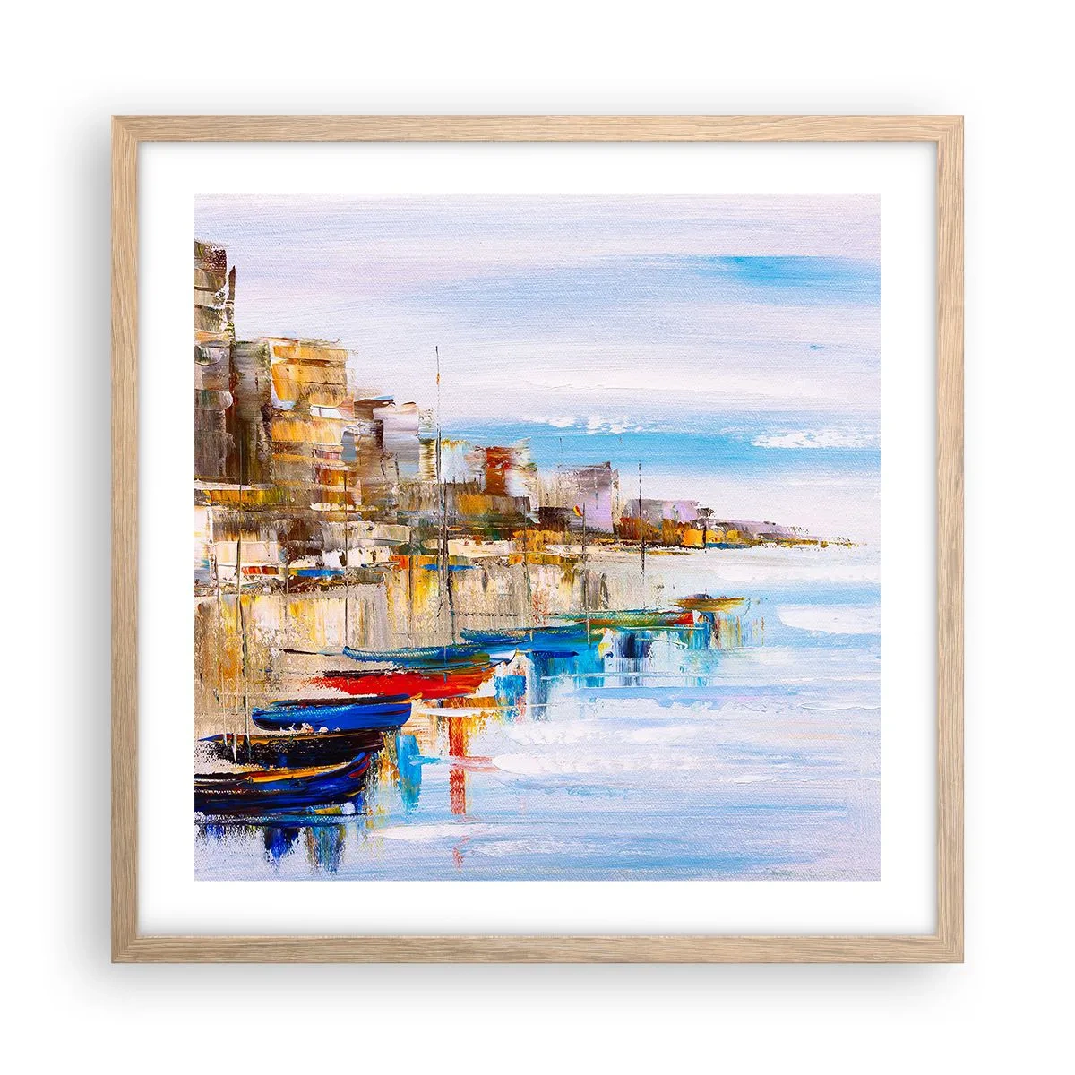Poster in light oak frame - Multicolour Town Marina - 50x50 cm