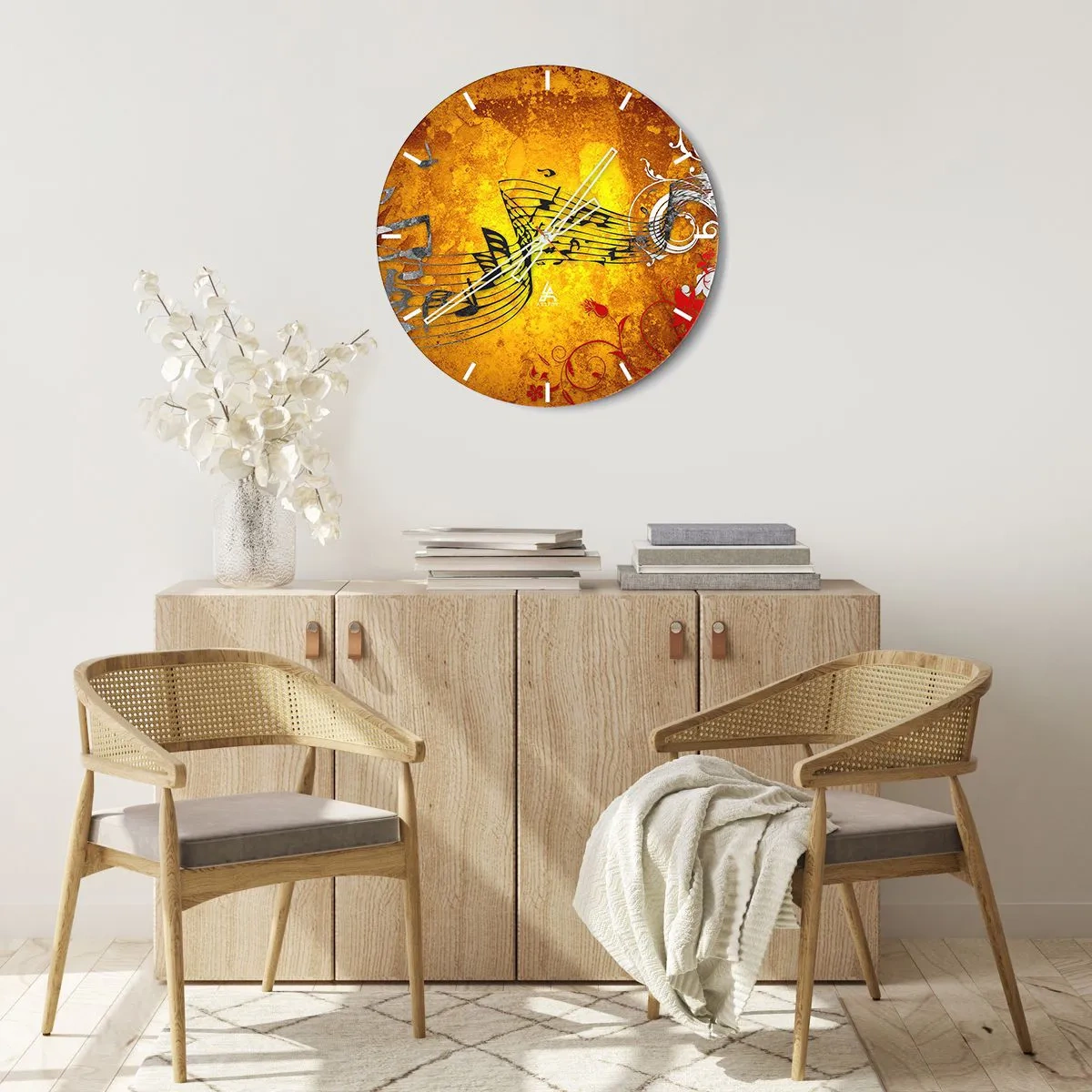 Wall clock - Clock on glass - Golden background with musical notes and decorative musical elements - 30x30cm - Let the Music Flow - Modern wall decoration for the living room, kitchen, and bedroom ARTTOR