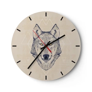 Wall clock - Clock on glass - Illustration of a wolf on a beige background with geometric patterns - 30x30cm - Alpha with a Piercing Eyes - Modern wall decoration for the living room, kitchen, and bedroom ARTTOR