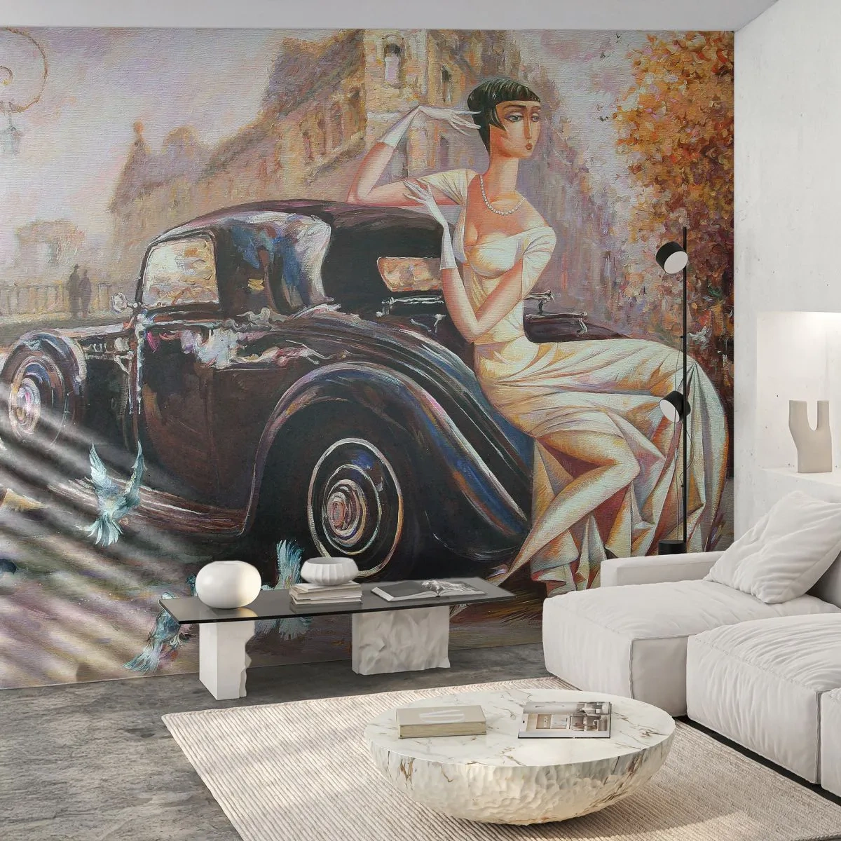 Photo Wallpaper Standard Eco - Elegance - Retro Style - Retro car, Woman, Palace - 250x175 cm