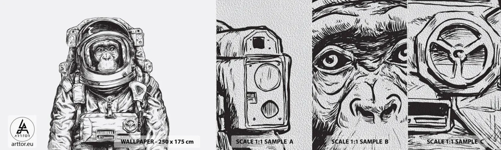 Photo Wallpaper Sample Premium Sand - Alternative Revolution - Abstraction, Astronaut, Monkey - 100x30 cm