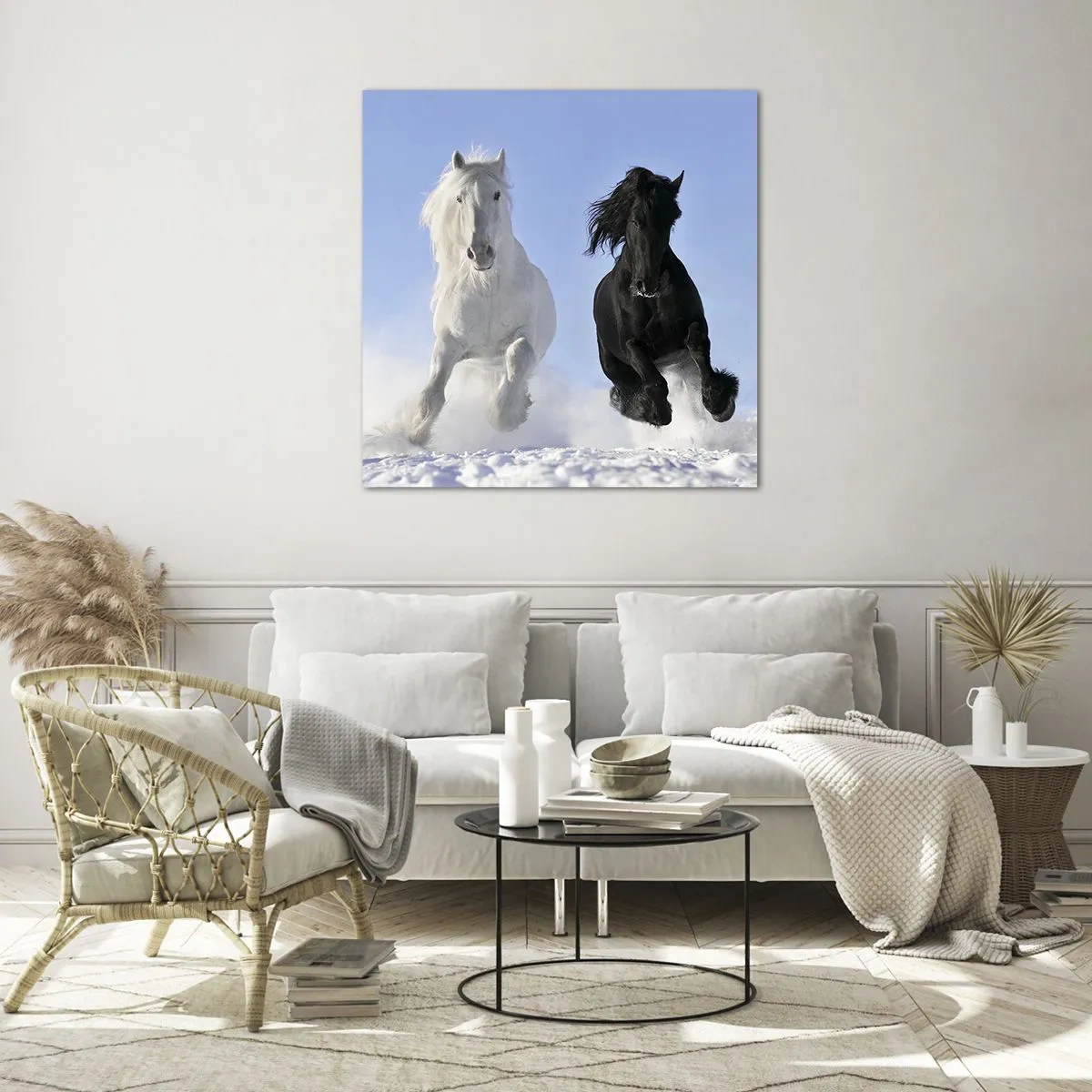 Glass picture - Black and White Gallop - 30x30 cm