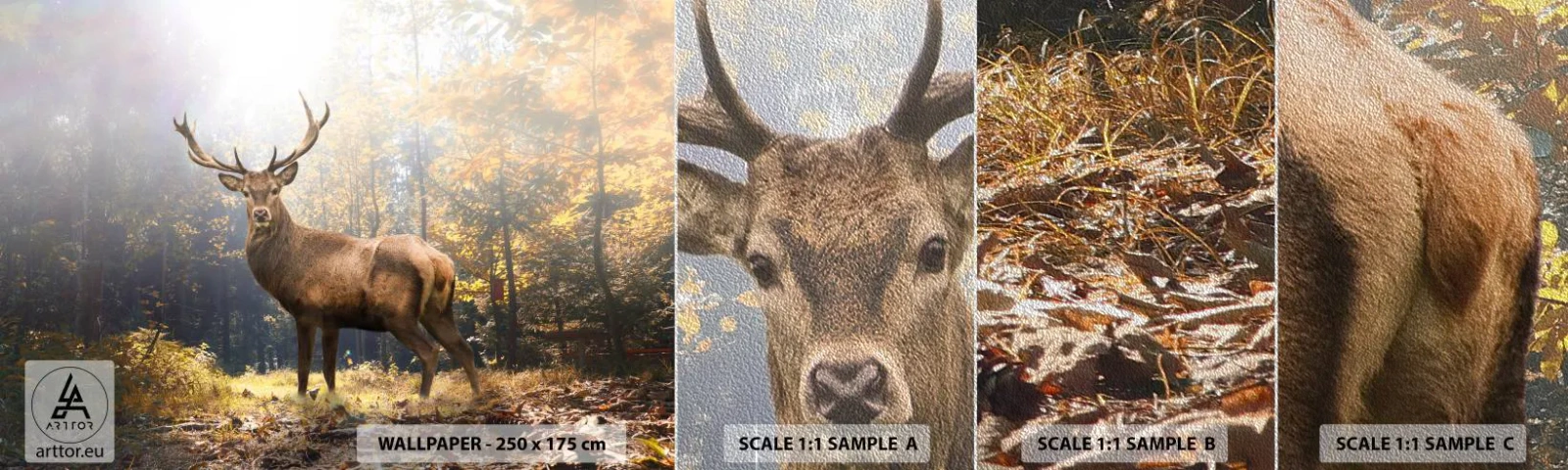 Photo Wallpaper Sample Premium Sand - In Full Majesty - Landscape, Deer, Forest - 100x30 cm
