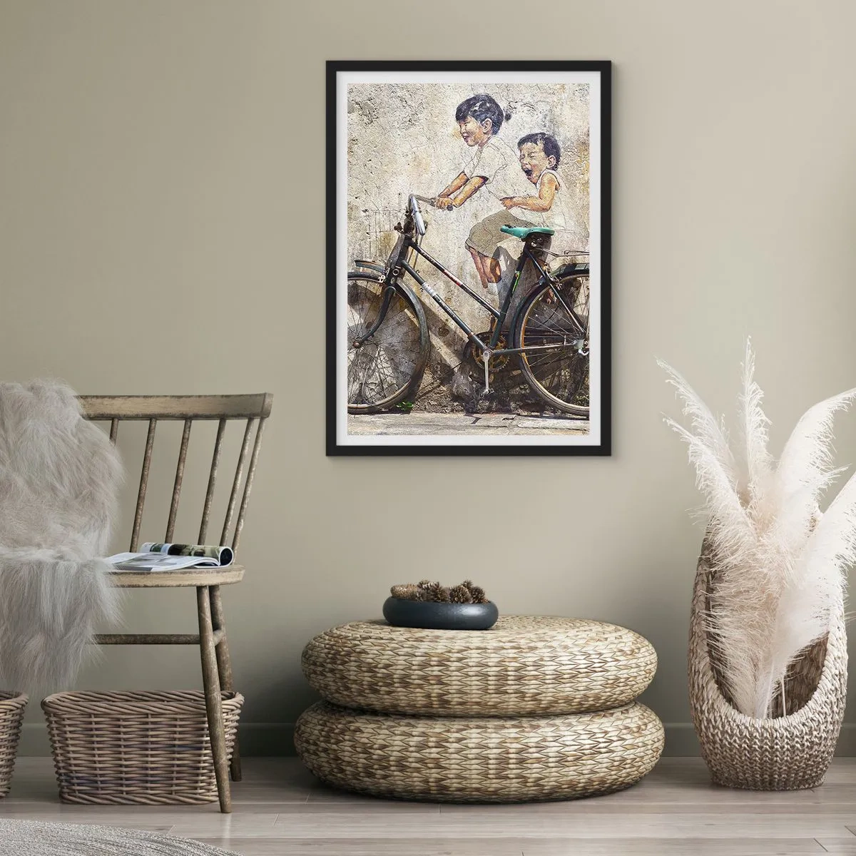 Poster in black frame - A street art mural of children on a bike - 50x70cm - True or False? - Modern wall decoration for the living room and bedroom ARTTOR