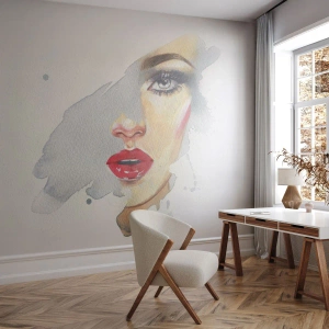 Self-Adhesive Photo Wallpaper Deluxe Sticker - Reflection in a Waterdrop - Woman's Face, Woman, Red lips - 100x70 cm