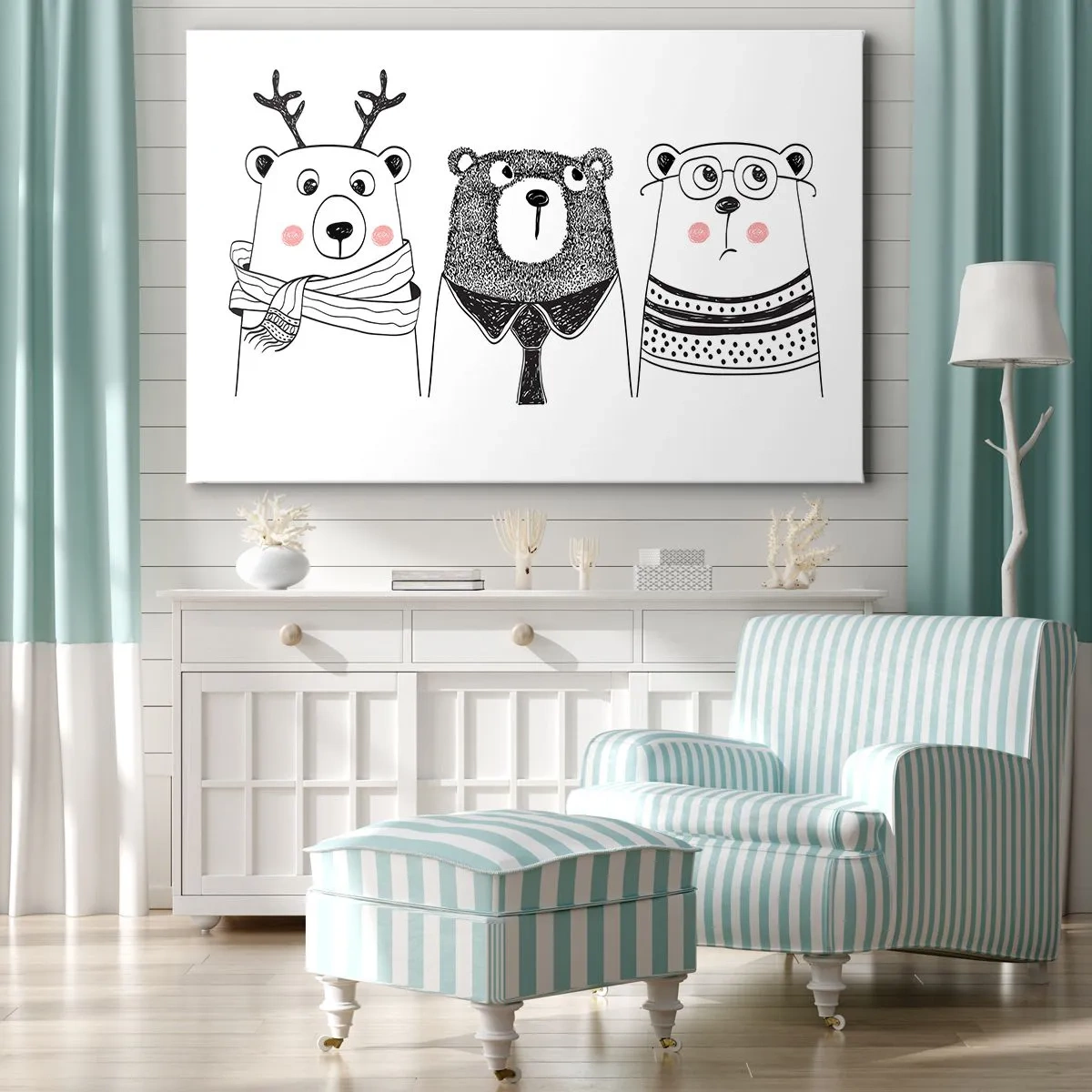 Canvas picture - Three funny bears in a minimalist style - 70x50cm - One Teddy, Two Teddies, Three Teddies - Modern wall decoration for the living room and bedroom ARTTOR